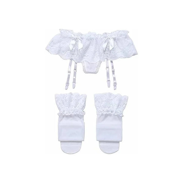 Women Lace Garter Belt and Stockings Set Jacquard Suspenders Panty Satin Bow Mini Skirt Hosiery Mesh Lingerie Pantyhose