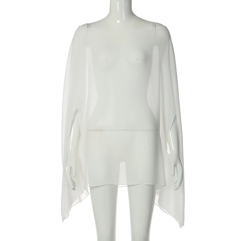 Woman Clothes See-through Chiffon Blouses Sexy Fashion Solid Cover-ups Ladies Elegant Night Club Tops White Black Streetwear