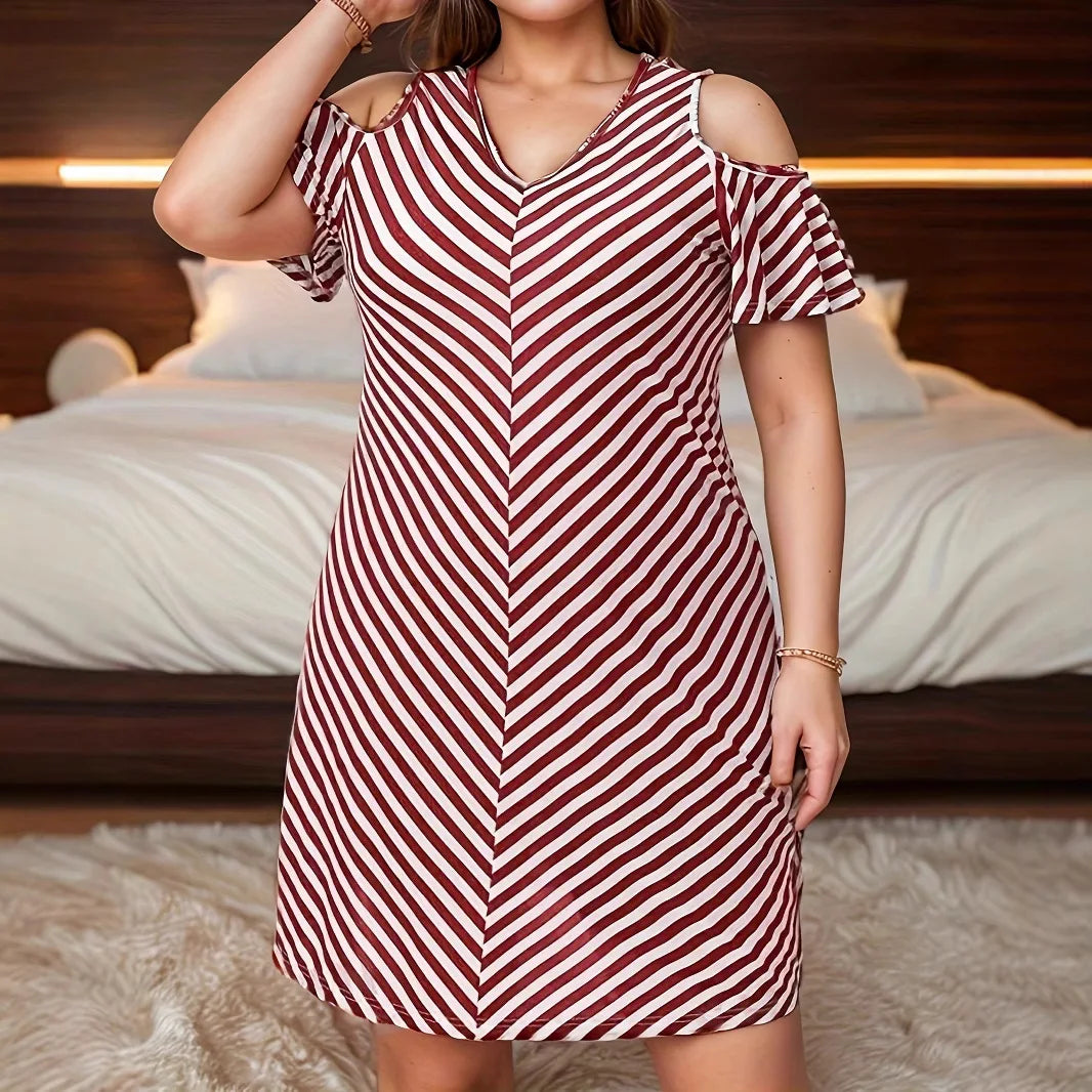 Fashion Plus Size Women Dresses Summer Off Shoulder Short Sleeve Loose Mini Dress Casual Cross V-Neck Striped Print Short Dress Main image