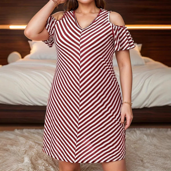 Fashion Plus Size Women Dresses Summer Off Shoulder Short Sleeve Loose Mini Dress Casual Cross V-Neck Striped Print Short Dress