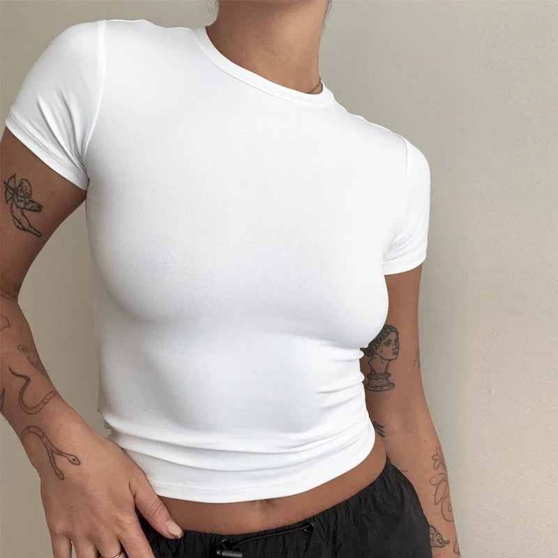 Woman Clothing Short Sleeve T-shirt Slim Fit Tops Female O-Neck Knitted Sheath Tee Shirt Street Wear Sex Sporty 2024 Y2K New2410 Main image
