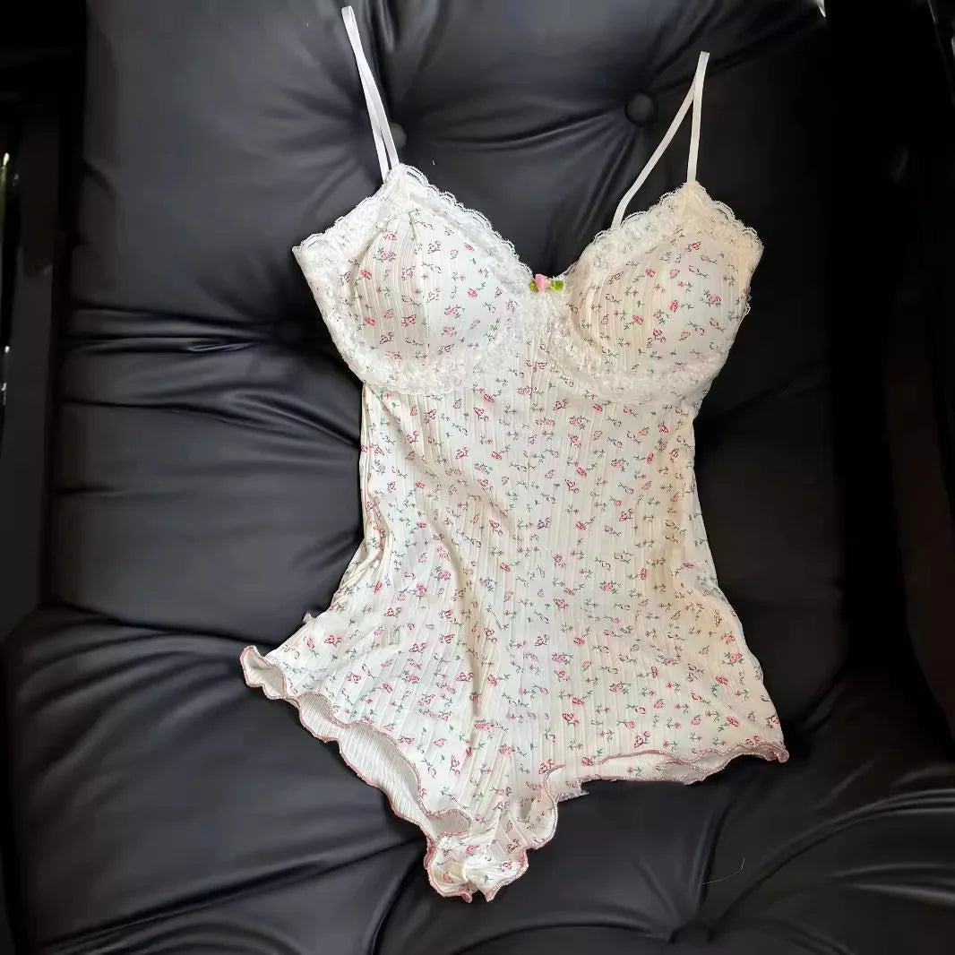 Women Sexy  Floral Print Bodysuit Lace Trim Sleeveless Slim Fit Leotard Summer Jumpsuit Romper Sexy Underwear Nightwear Lingerie Main image