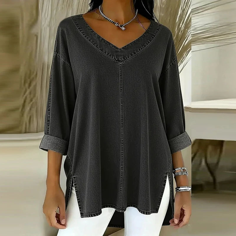 Women's Casual V-Neck Denim Oversized Shirt