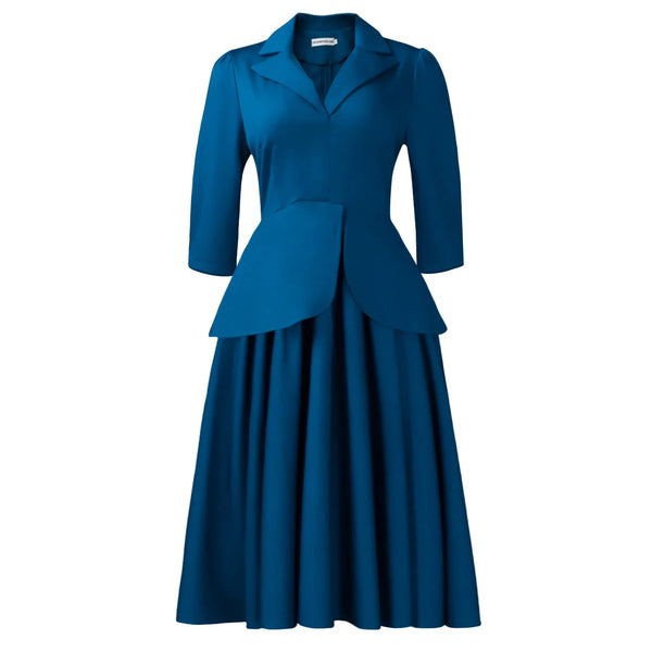 Women's Large Size Dress Autumn Spring Fashion Three-Quarter Sleeve Suit Collar Solid Color with Large Skirt Hem