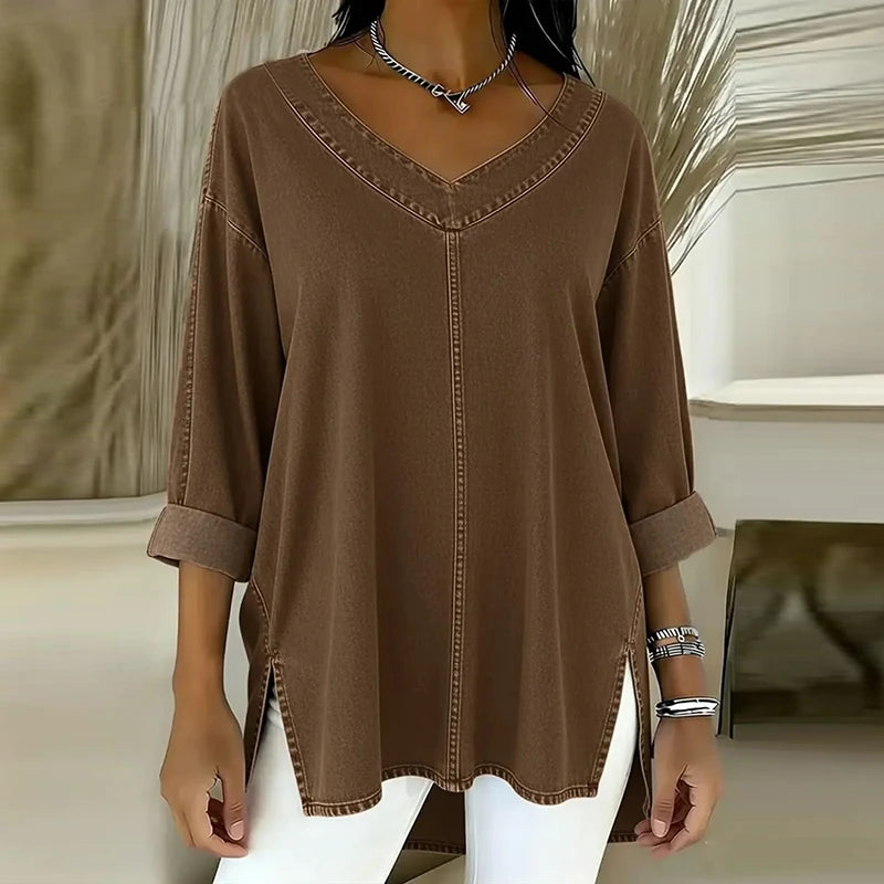Women's Casual V-Neck Denim Oversized Shirt