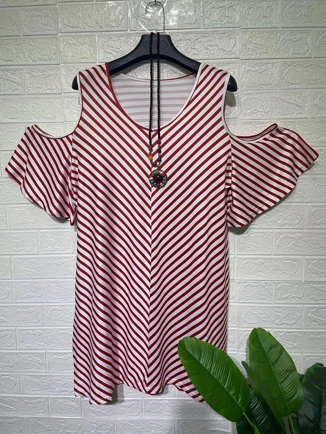 Fashion Plus Size Women Dresses Summer Off Shoulder Short Sleeve Loose Mini Dress Casual Cross V-Neck Striped Print Short Dress