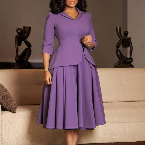 Women's Large Size Dress Autumn Spring Fashion Three-Quarter Sleeve Suit Collar Solid Color with Large Skirt Hem
