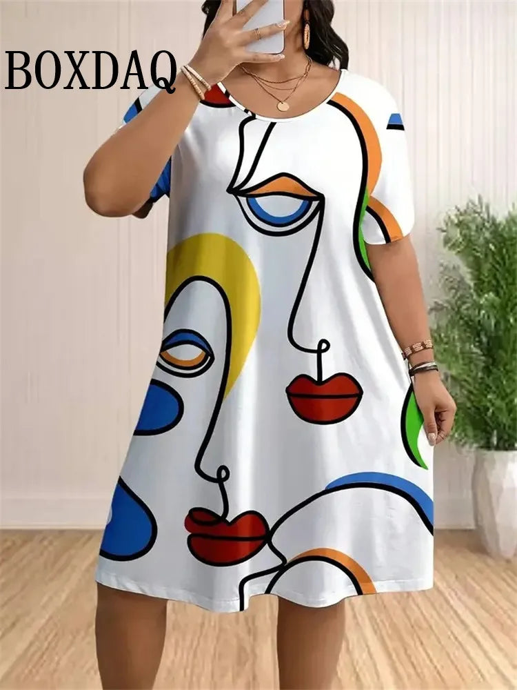Fashion Street Abstract Painted Face Women's Dresses Plus Size 9XL Short Sleeve Loose Dress Summer Casual 3D Print Short Dresses