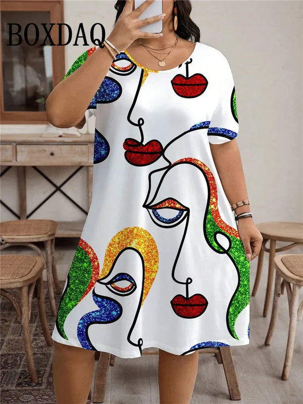 Fashion Street Abstract Painted Face Women's Dresses Plus Size 9XL Short Sleeve Loose Dress Summer Casual 3D Print Short Dresses