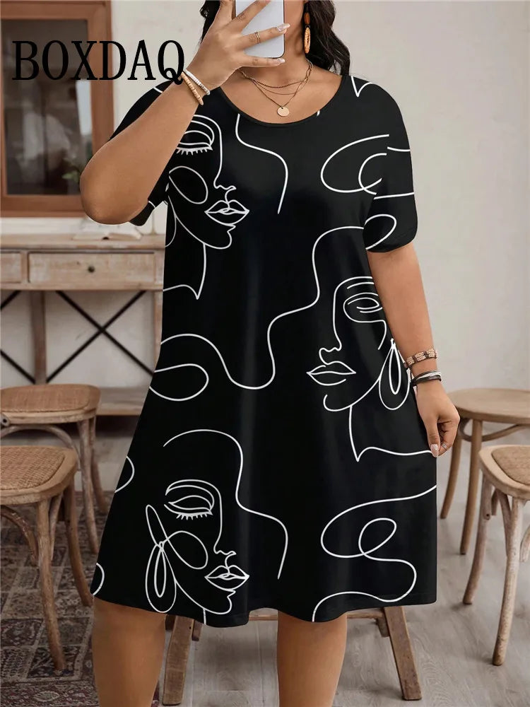 Fashion Street Abstract Painted Face Women's Dresses Plus Size 9XL Short Sleeve Loose Dress Summer Casual 3D Print Short Dresses