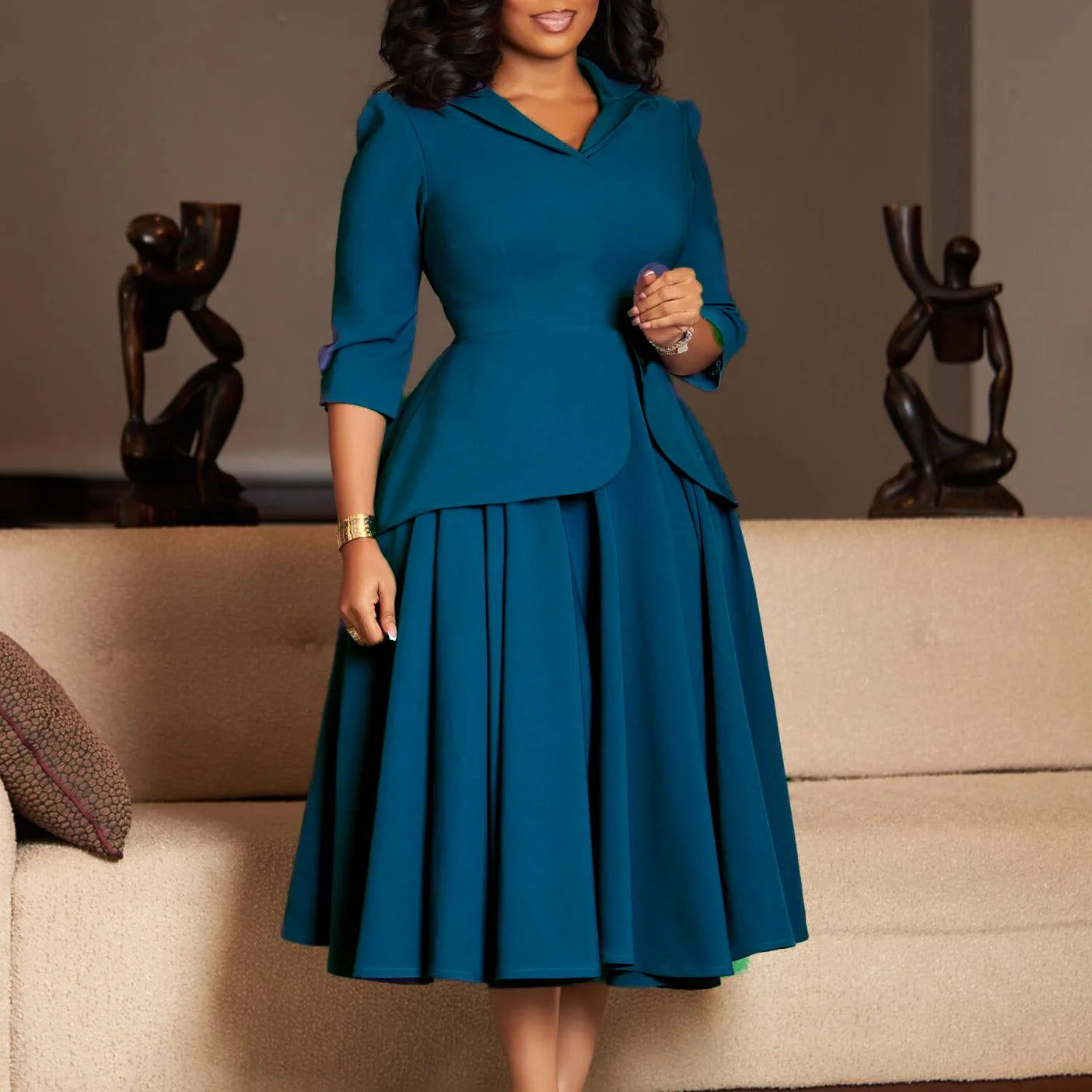 Women's Large Size Dress Autumn Spring Fashion Three-Quarter Sleeve Suit Collar Solid Color with Large Skirt Hem