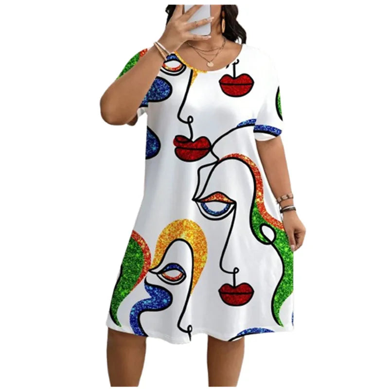 Fashion Street Abstract Painted Face Women's Dresses Plus Size 9XL Short Sleeve Loose Dress Summer Casual 3D Print Short Dresses