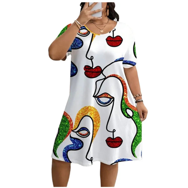 Fashion Street Abstract Painted Face Women's Dresses Plus Size 9XL Short Sleeve Loose Dress Summer Casual 3D Print Short Dresses