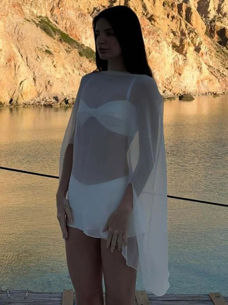Woman Clothes See-through Chiffon Blouses Sexy Fashion Solid Cover-ups Ladies Elegant Night Club Tops White Black Streetwear Secondary image