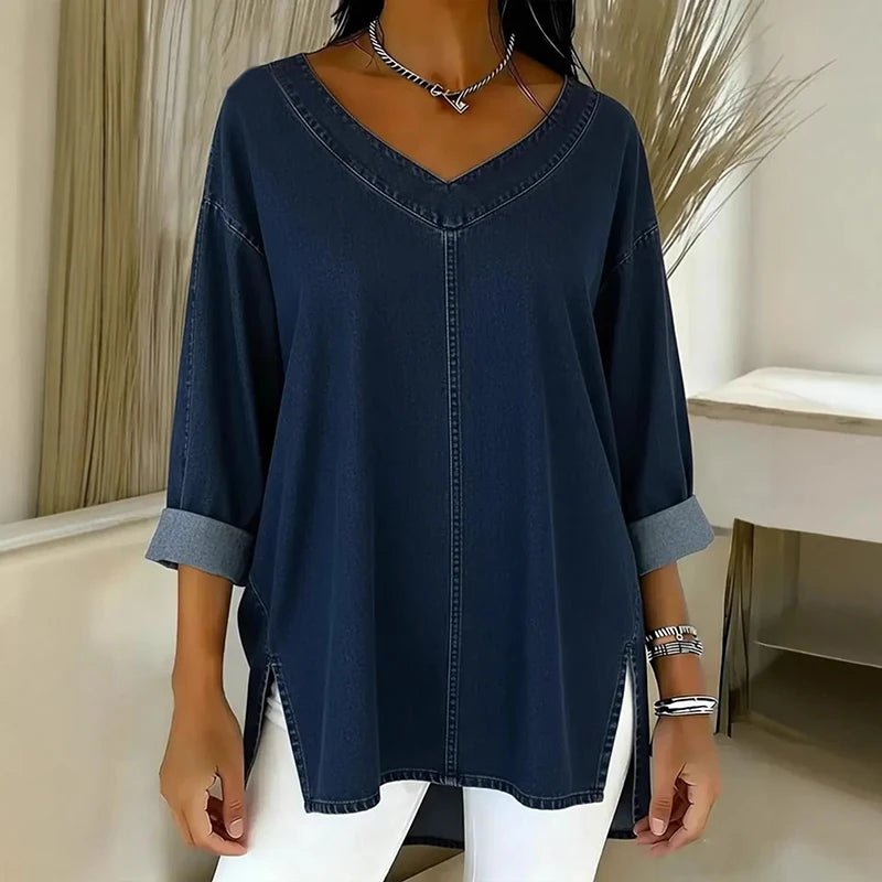 Women's Casual V-Neck Denim Oversized Shirt