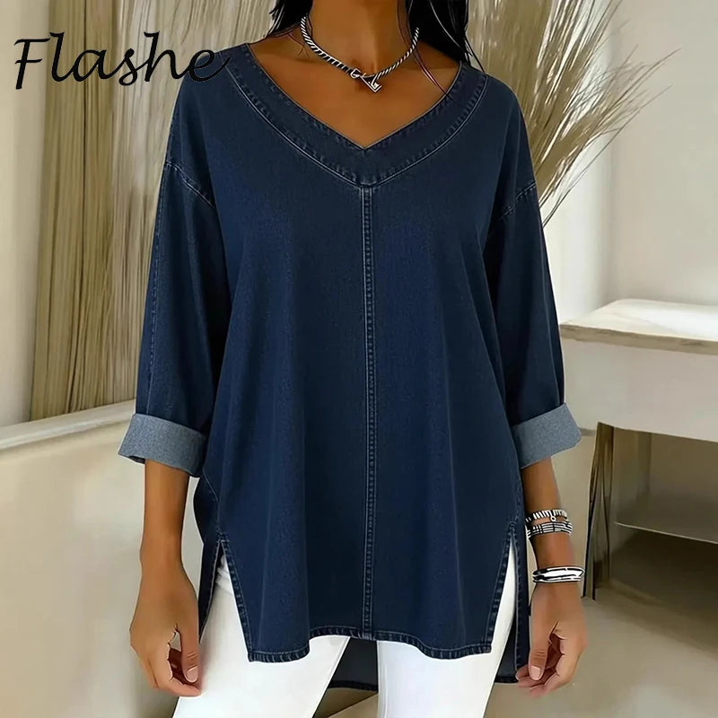 Women's Casual V-Neck Denim Oversized Shirt Main image