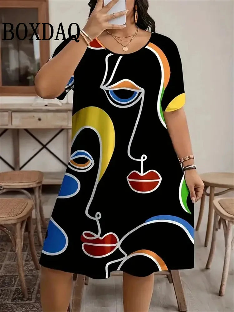 Fashion Street Abstract Painted Face Women's Dresses Plus Size 9XL Short Sleeve Loose Dress Summer Casual 3D Print Short Dresses