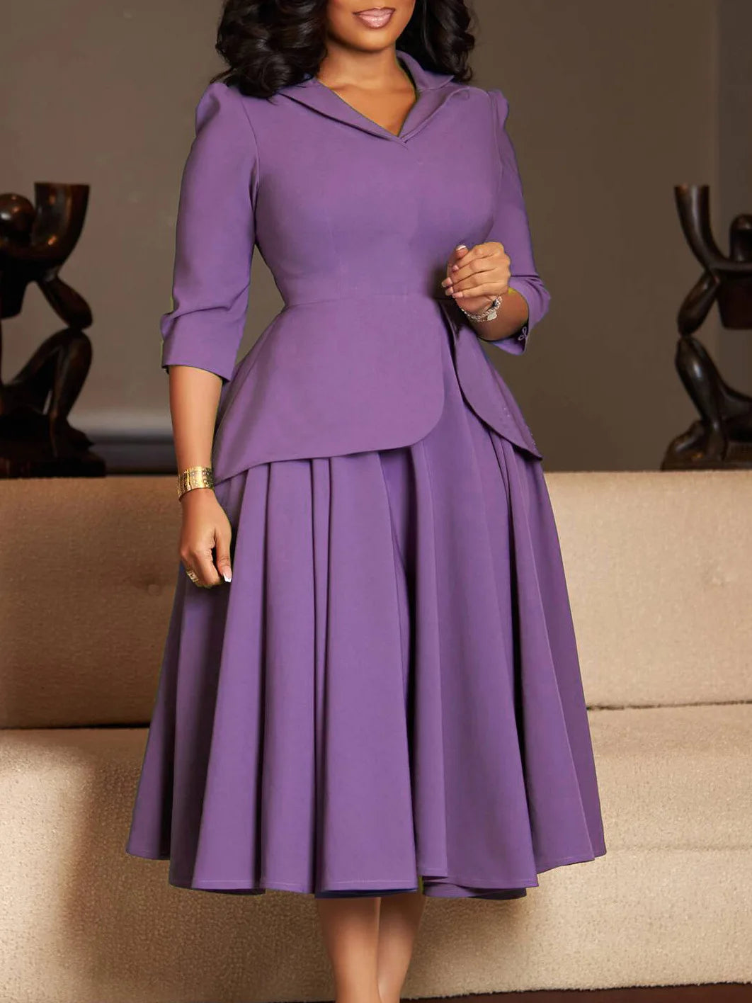Women's Large Size Dress Autumn Spring Fashion Three-Quarter Sleeve Suit Collar Solid Color with Large Skirt Hem