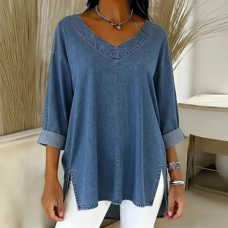 Women's Casual V-Neck Denim Oversized Shirt