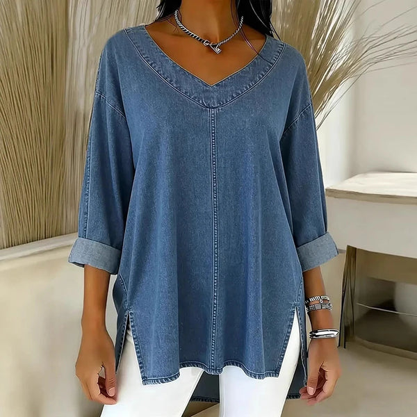 Women's Casual V-Neck Denim Oversized Shirt