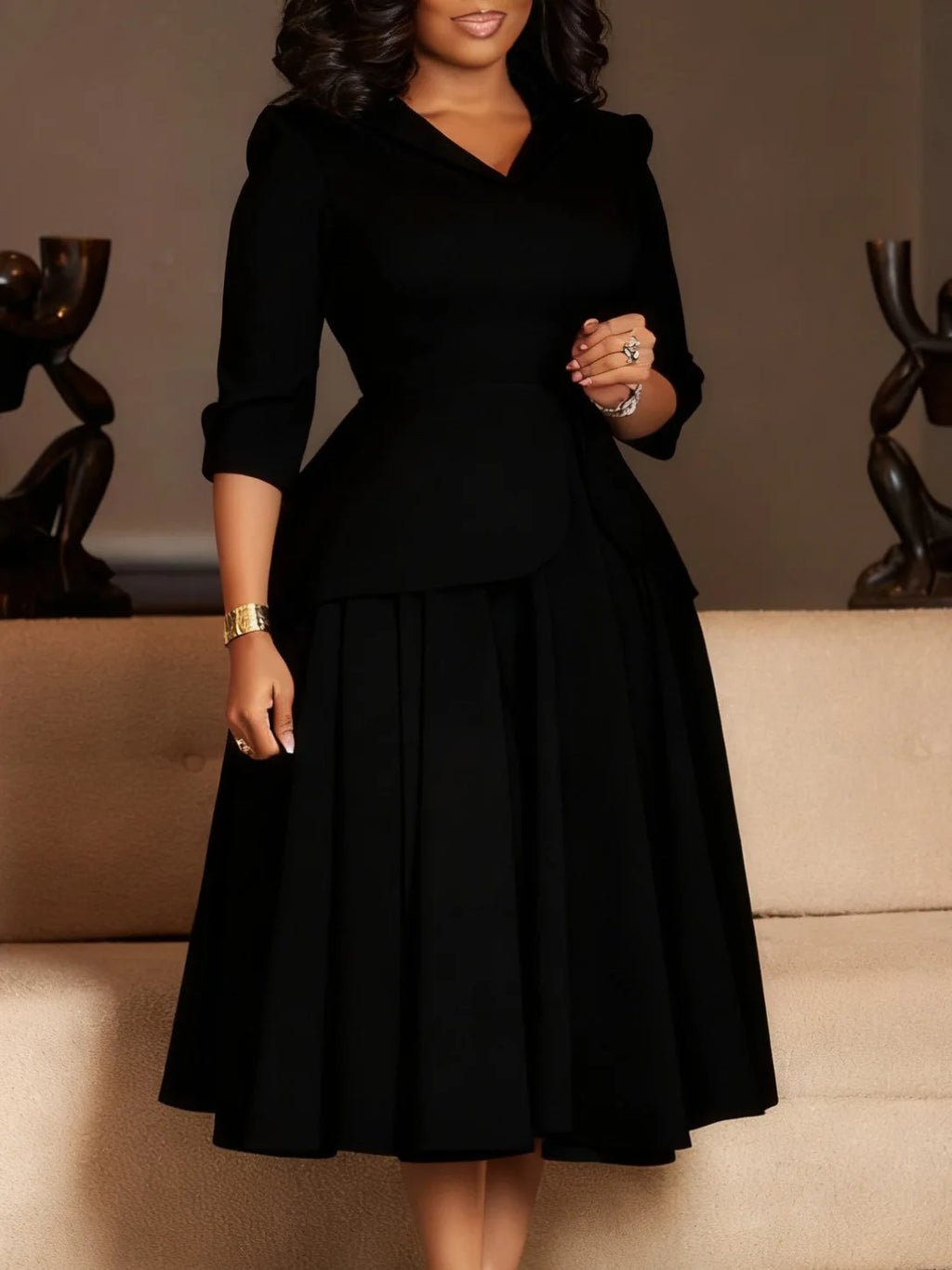 Women's Large Size Dress Autumn Spring Fashion Three-Quarter Sleeve Suit Collar Solid Color with Large Skirt Hem