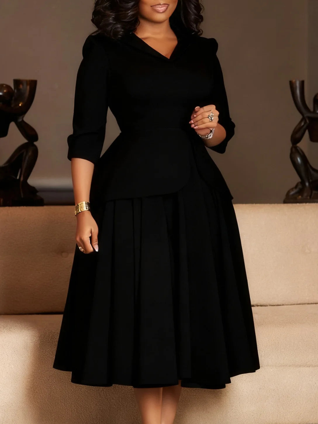 Women's Large Size Dress Autumn Spring Fashion Three-Quarter Sleeve Suit Collar Solid Color with Large Skirt Hem