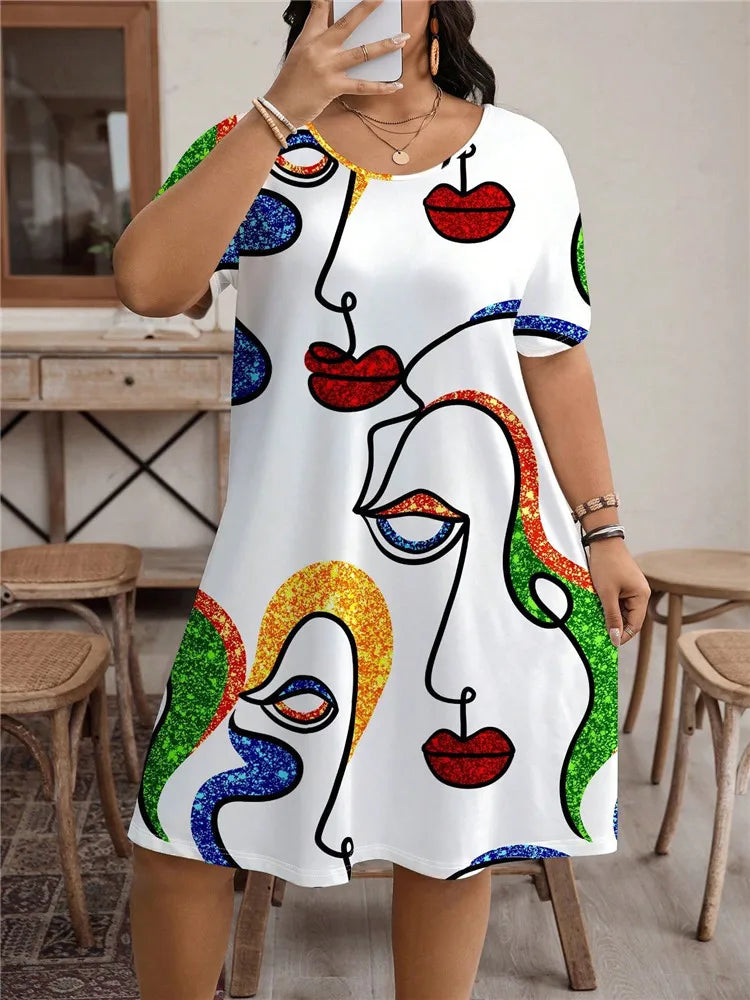 Fashion Street Abstract Painted Face Women's Dresses Plus Size 9XL Short Sleeve Loose Dress Summer Casual 3D Print Short Dresses