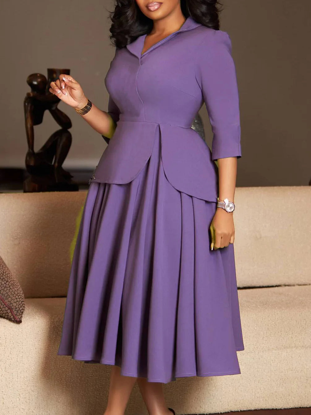 Women's Large Size Dress Autumn Spring Fashion Three-Quarter Sleeve Suit Collar Solid Color with Large Skirt Hem