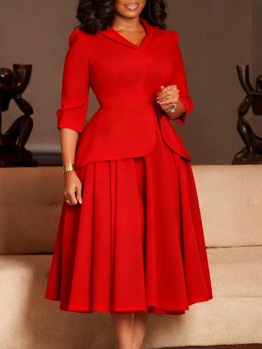 Women's Large Size Dress Autumn Spring Fashion Three-Quarter Sleeve Suit Collar Solid Color with Large Skirt Hem