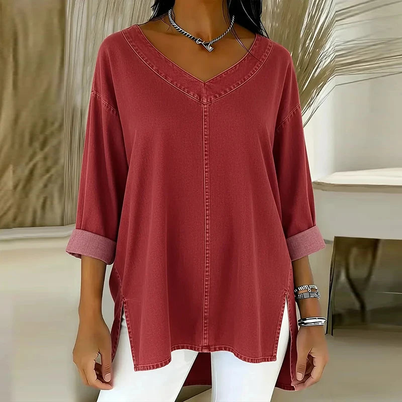 Women's Casual V-Neck Denim Oversized Shirt