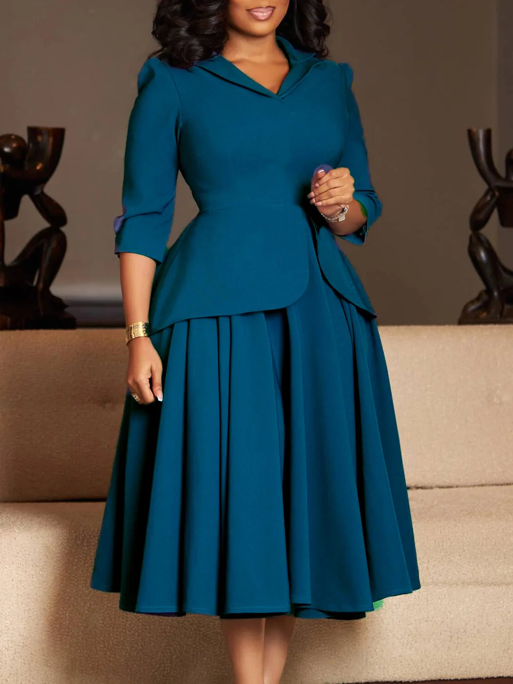 Women's Large Size Dress Autumn Spring Fashion Three-Quarter Sleeve Suit Collar Solid Color with Large Skirt Hem