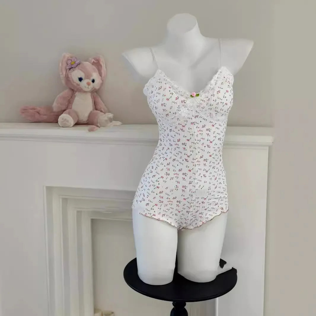 Women Sexy  Floral Print Bodysuit Lace Trim Sleeveless Slim Fit Leotard Summer Jumpsuit Romper Sexy Underwear Nightwear Lingerie Secondary image